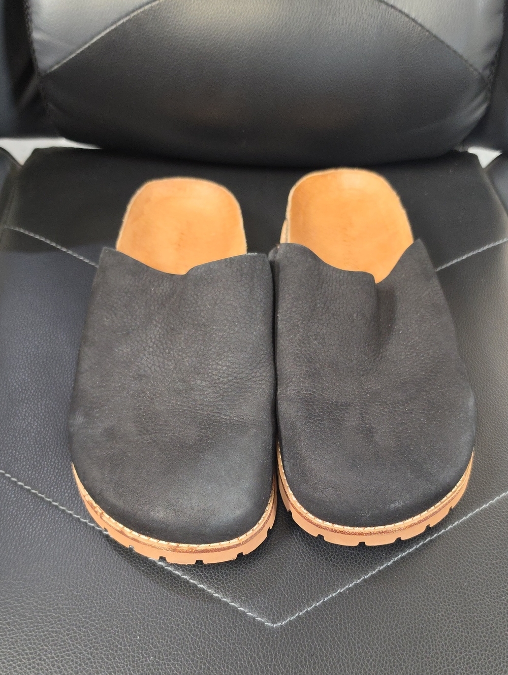 Madewell Black Leather Slip-On Clogs with Tan Sole